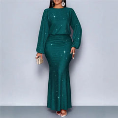 Vestido de Noite Elegante para Mulheres, Decote Redondo, Manga Longa, Saia em Cauda de Peixe Plissada, Vestido Sexy Longo e Slim para Primavera e Verão