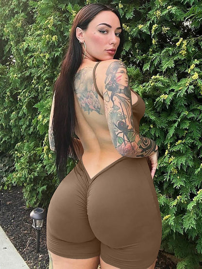 Macacão curto Hugcitar, liso, sem mangas, com decote nas costas, franzido, sexy e justo ao corpo, ideal para o outono, férias e festas.