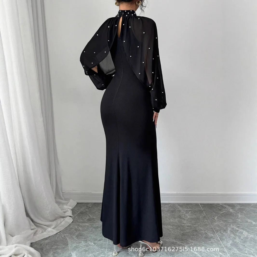 Vestido com Detalhes em Renda para Mulheres, Cintura Alta, Cor Sólida, Vestidos Longos Elegantes para Mulheres
