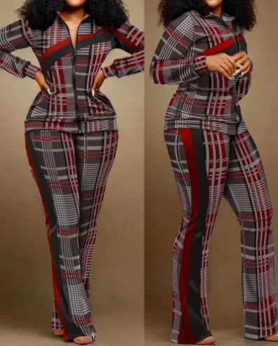 Conjunto de duas peças roupa feminina 2023 outono moda geométrica impressão gola manga longa zip up topo & casual calças esportivas conjunto