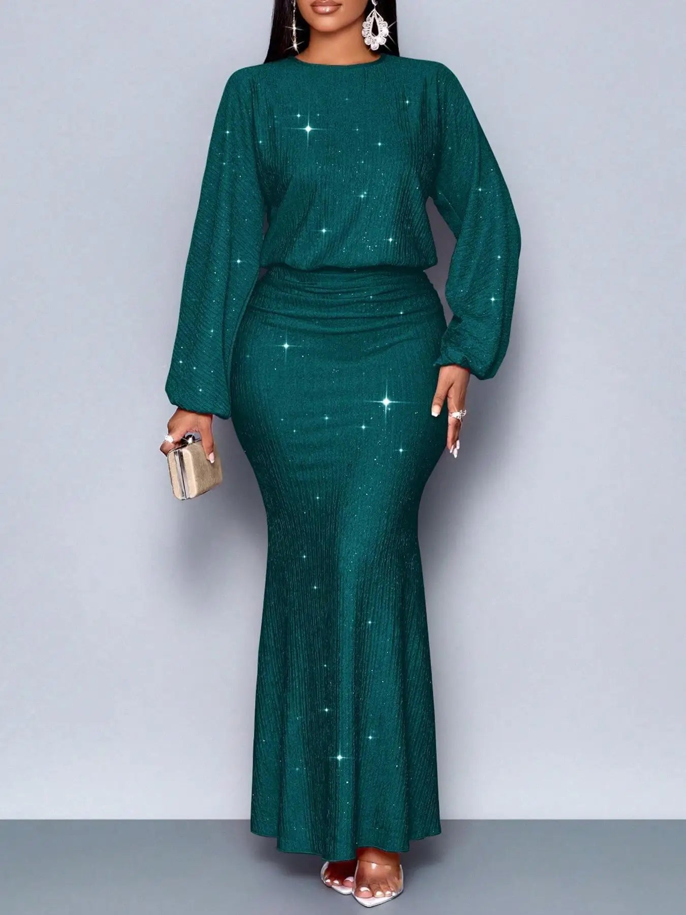 Novo Vestido Feminino da Moda com Miçangas, Manga Longa, Saia Sereia Plissada, Elegante e Justo para Festas de Outono