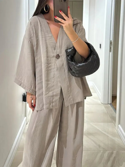 Elegante algodão linho lapela camisas conjunto casual elástico de cintura alta sólida calças soltas femininas terno 2025 senhora 2 peça outfits novo