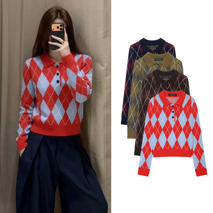 Suéter Feminino de Tricô Argyle para Outono/Inverno, Pulôver Casual Quente com Botões e Manga Longa