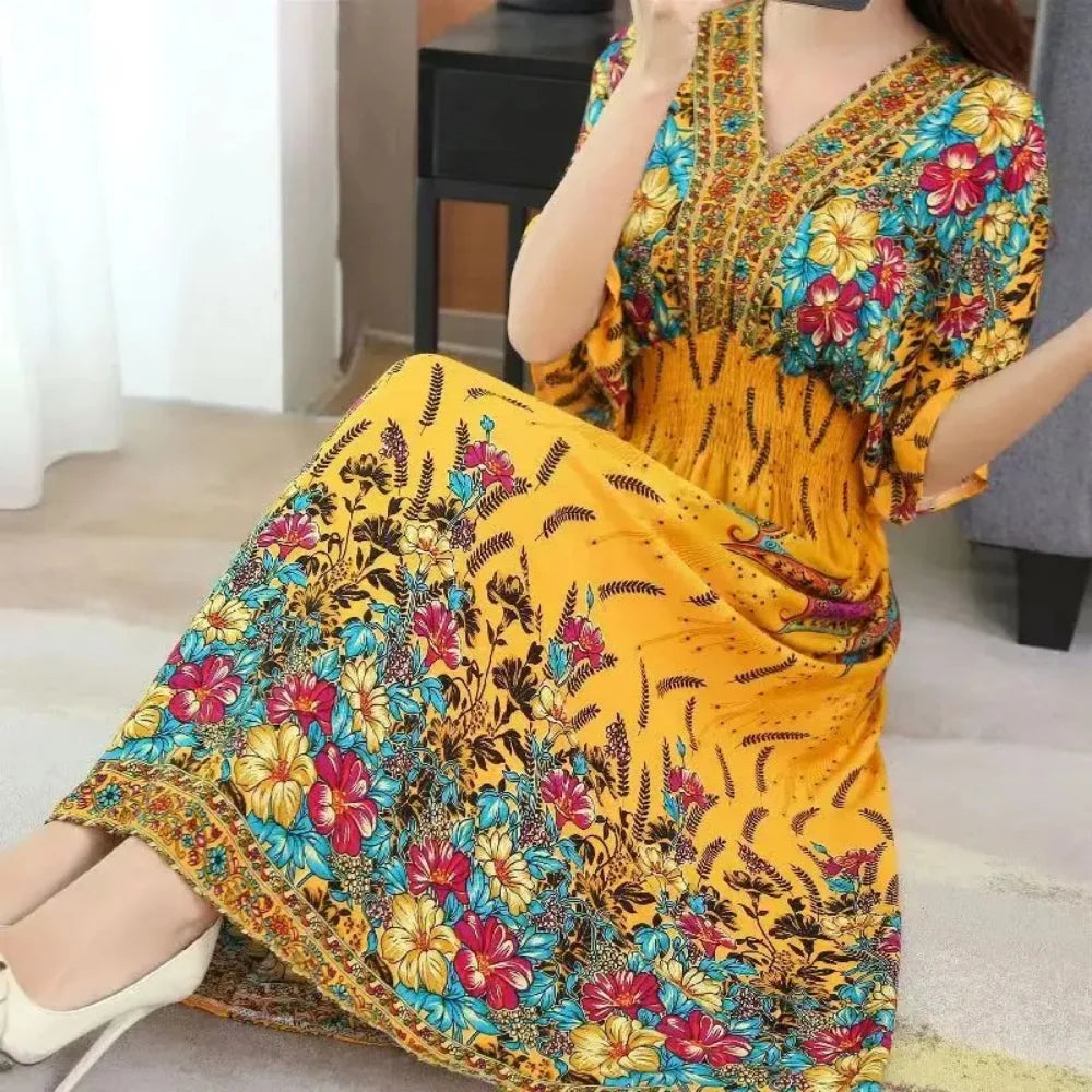 Flor colorida com decote em v elástico jovem boêmio doce midi vestido mulher roupas chique moda vestidos de verão 2025 grande balanço esqui