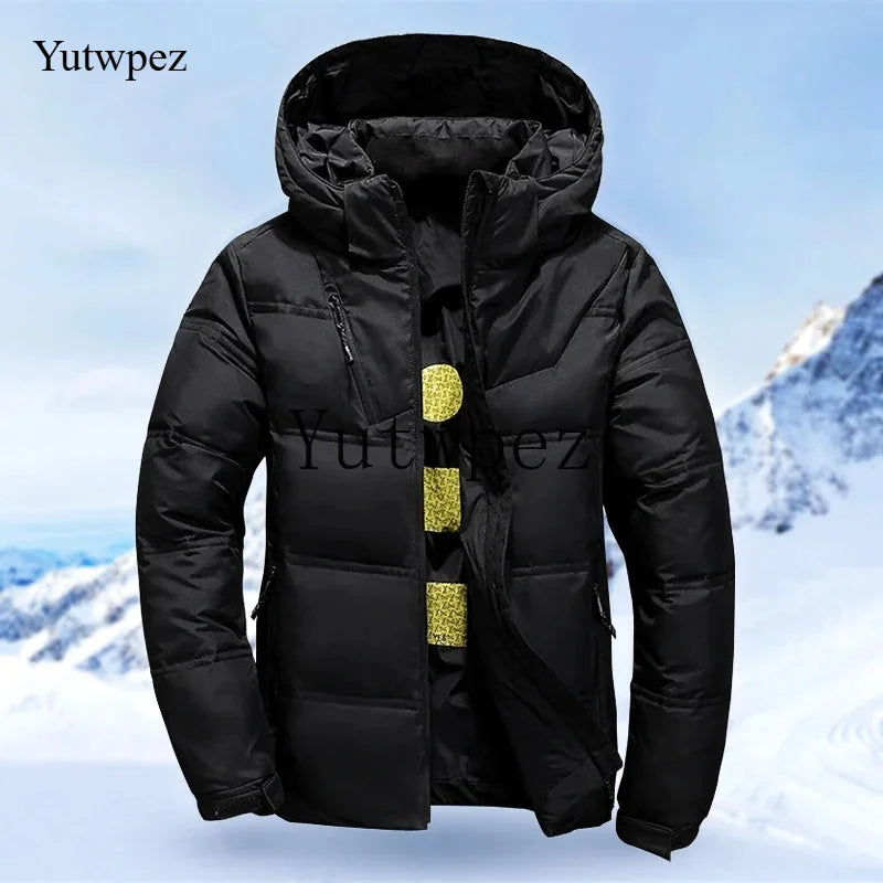 Jaqueta Masculina de Inverno 2026 Corta-Vento para Escalada com Capuz Removível, Parka Esportiva Casual para Caminhada ao Ar Livre, Casaco de Pluma de Pato Branco