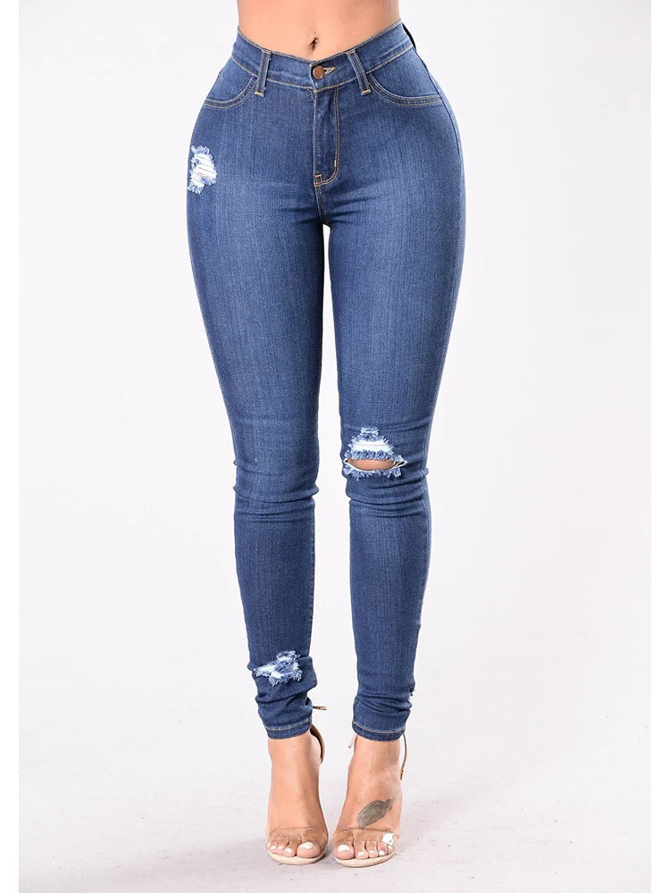 Mulheres Stretch Skinny Ripped Jeans, Calças Lápis de Cintura Alta, Envoltório de Pernas Estreitas, Hips, Calças Femininas, Plus Size S-3XL,