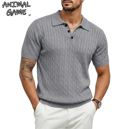Camisetas Texturizadas de Verão para Homens, Camisas de Malha Leves de Manga Curta, Camisas Listradas Vintage, Camisetas de Malha Respirável, Polos para Homens