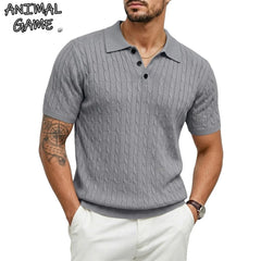 Camisetas Texturizadas de Verão para Homens, Camisas de Malha Leves de Manga Curta, Camisas Listradas Vintage, Camisetas de Malha Respirável, Polos para Homens