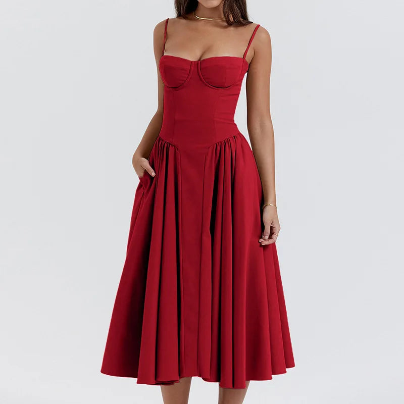 Elegante vestido plissado sem encosto sem mangas feminino, vestido Midi monocromático, vestido feminino de festa à noite, sexy, verão, 2024