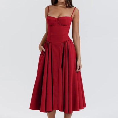 Elegante vestido plissado sem encosto sem mangas feminino, vestido Midi monocromático, vestido feminino de festa à noite, sexy, verão, 2024