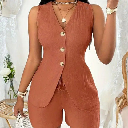 Conjunto Feminino Casual Spicy Girl 2026: Top Sem Mangas e Shorts com Cinto – Terno de Três Peças Moderno para Primavera, Verão e Outono