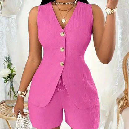 Conjunto Feminino Casual Spicy Girl 2026: Top Sem Mangas e Shorts com Cinto – Terno de Três Peças Moderno para Primavera, Verão e Outono