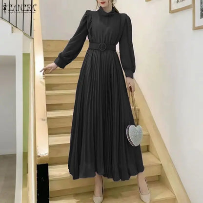 Women's Elegant Chic Maxi Dresses Turtleneck Lantern Sleeves Belted High Waist Pleated Long Dress ZANZEA Korean Style Robe Femme