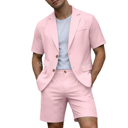 Conjuntos para Homens Blazer de Manga Curta e Calças Curtas Leves para Casamento, Festa, Negócios e Trajes Formais