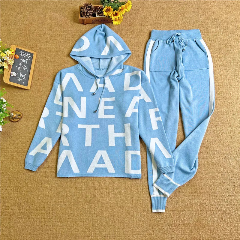 Feminino casual impresso terno de manga comprida gola alta cintura cinched moletom elástico calças senhoras conjunto de duas peças lx1228