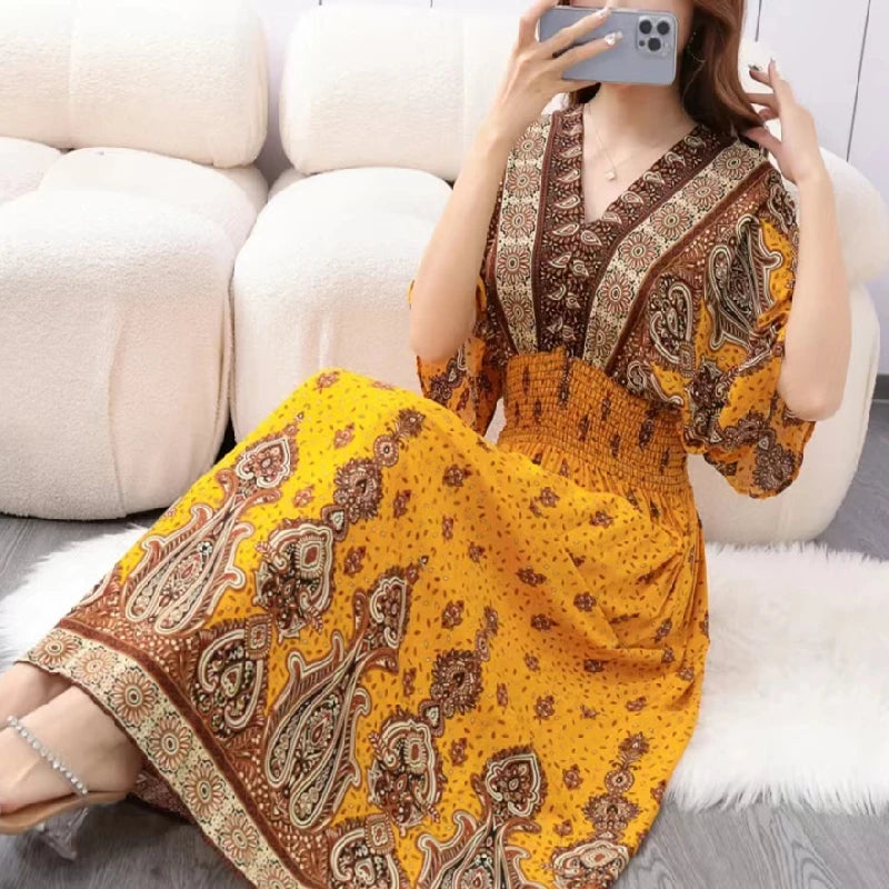 Flor colorida com decote em v elástico jovem boêmio doce midi vestido mulher roupas chique moda vestidos de verão 2025 grande balanço esqui
