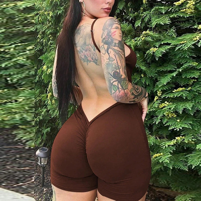 Macacão curto Hugcitar, liso, sem mangas, com decote nas costas, franzido, sexy e justo ao corpo, ideal para o outono, férias e festas.
