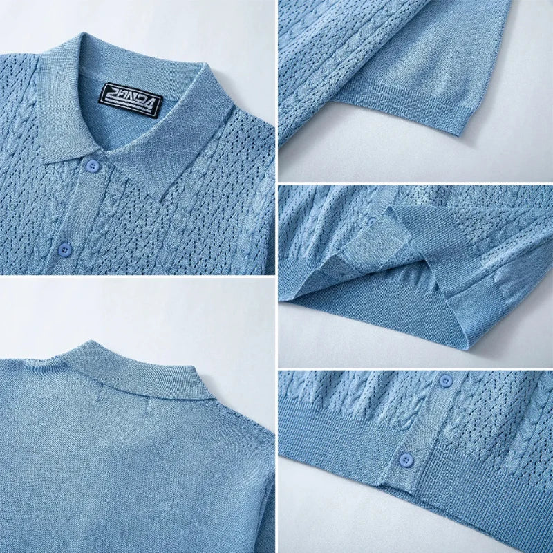 Camisa Polo Masculina Premium de Malha com Botões, Cor Sólida, Manga Curta, Cardigã Vazado, Respirável, Casual, Moda Verão