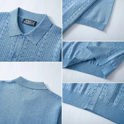 Camisa Polo Masculina Premium de Malha com Botões, Cor Sólida, Manga Curta, Cardigã Vazado, Respirável, Casual, Moda Verão