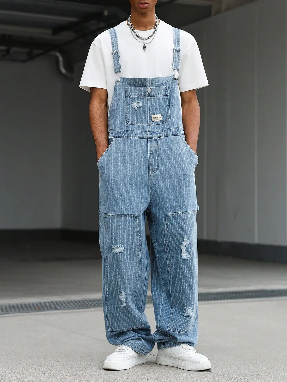Macacão de Trabalho Masculino Estilo Vintage, Jeans Solto, Rasgado e Desgastado, Perna Larga