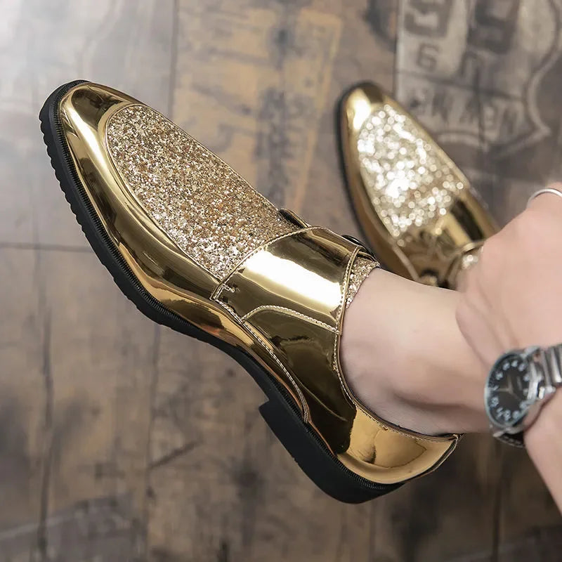 Sapatos masculinos casuais verão brilho ouro vestido de couro patente para homens mocassins de ouro negócios apontou bussiness luxo