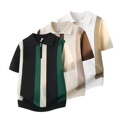 Camiseta Masculina de Verão com Listras, Camisa Polo Elegante e Minimalista, Suéter de Malha Versátil