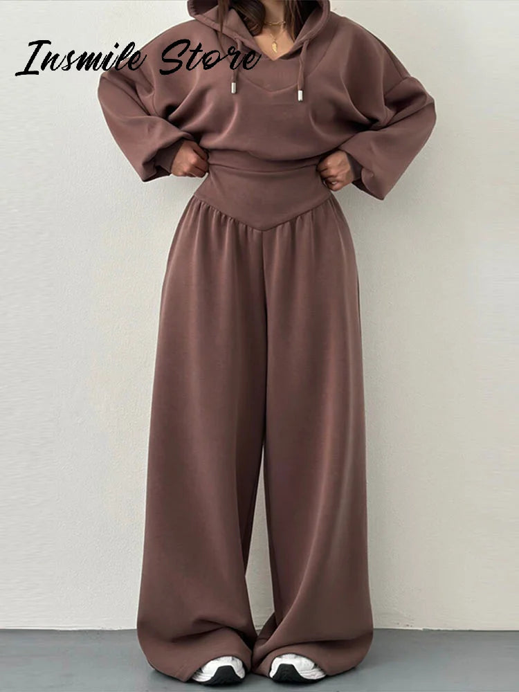 Casual sólido com capuz recortado moletom calça conjunto feminino solto com capuz cintura alta calças de perna larga 2026 primavera senhora chique outfit novo
