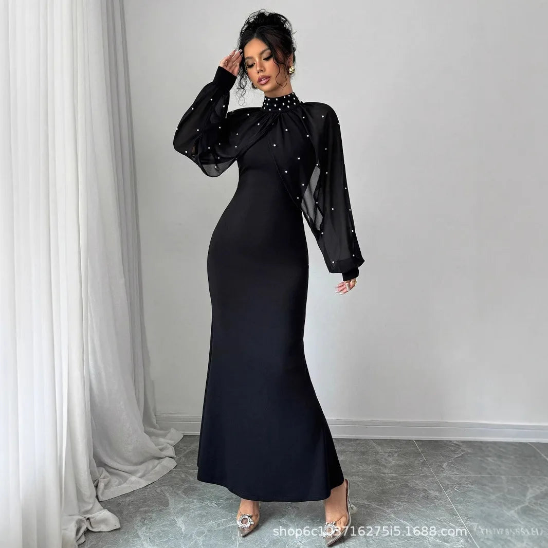 Vestido com Detalhes em Renda para Mulheres, Cintura Alta, Cor Sólida, Vestidos Longos Elegantes para Mulheres