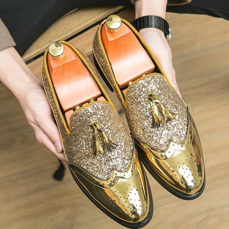 Sapatos sociais masculinos com glitter dourado, sapatos formais de marca, couro italiano, moda de luxo, casamento, sapatos oxford, tamanho grande 38- 47