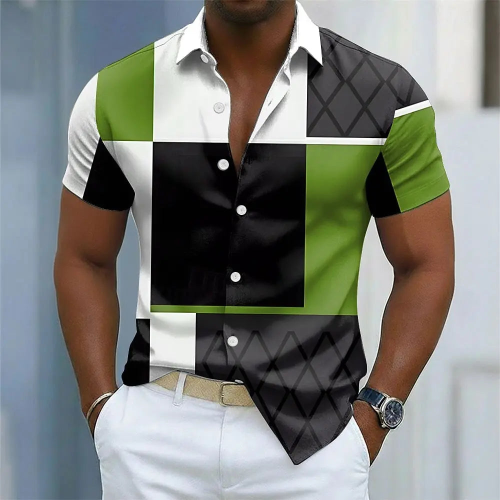Camisa Masculina Color Block com Botões, Manga Curta, Casual, Estilo Streetwear, Estampa 3D, Gola Dobrável, Azul, Vinho, Marrom, Verde