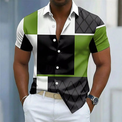 Camisa Masculina Color Block com Botões, Manga Curta, Casual, Estilo Streetwear, Estampa 3D, Gola Dobrável, Azul, Vinho, Marrom, Verde
