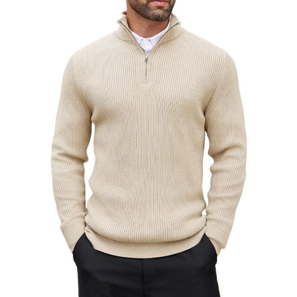 Suéter masculino com zíper quarto, gola simulada, casual, malha canelada, pulôver, outono, leve, polo, inverno, quente, roupa externa