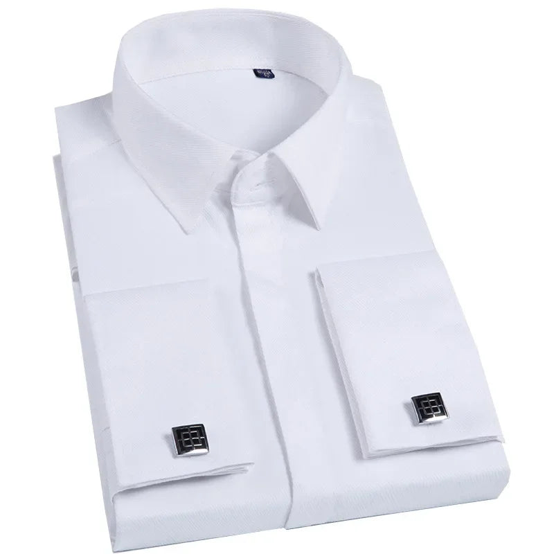 Qualidade masculina abotoaduras francesas camisa botão escondido camisa masculina manga longa casual fino ajuste manguito camisas de vestido (abotoaduras incluídas)