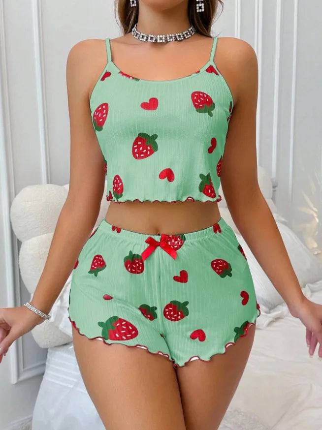 Conjunto de Pijama Feminino 2 Peças com Estampa de Morango de Verão, Roupa de Dormir Casual, Top Cropped com Alças e Shorts, Confortável para Usar em Casa