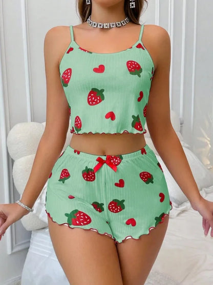 Conjunto de Pijama Feminino 2 Peças com Estampa de Morango de Verão, Roupa de Dormir Casual, Top Cropped com Alças e Shorts, Confortável para Usar em Casa