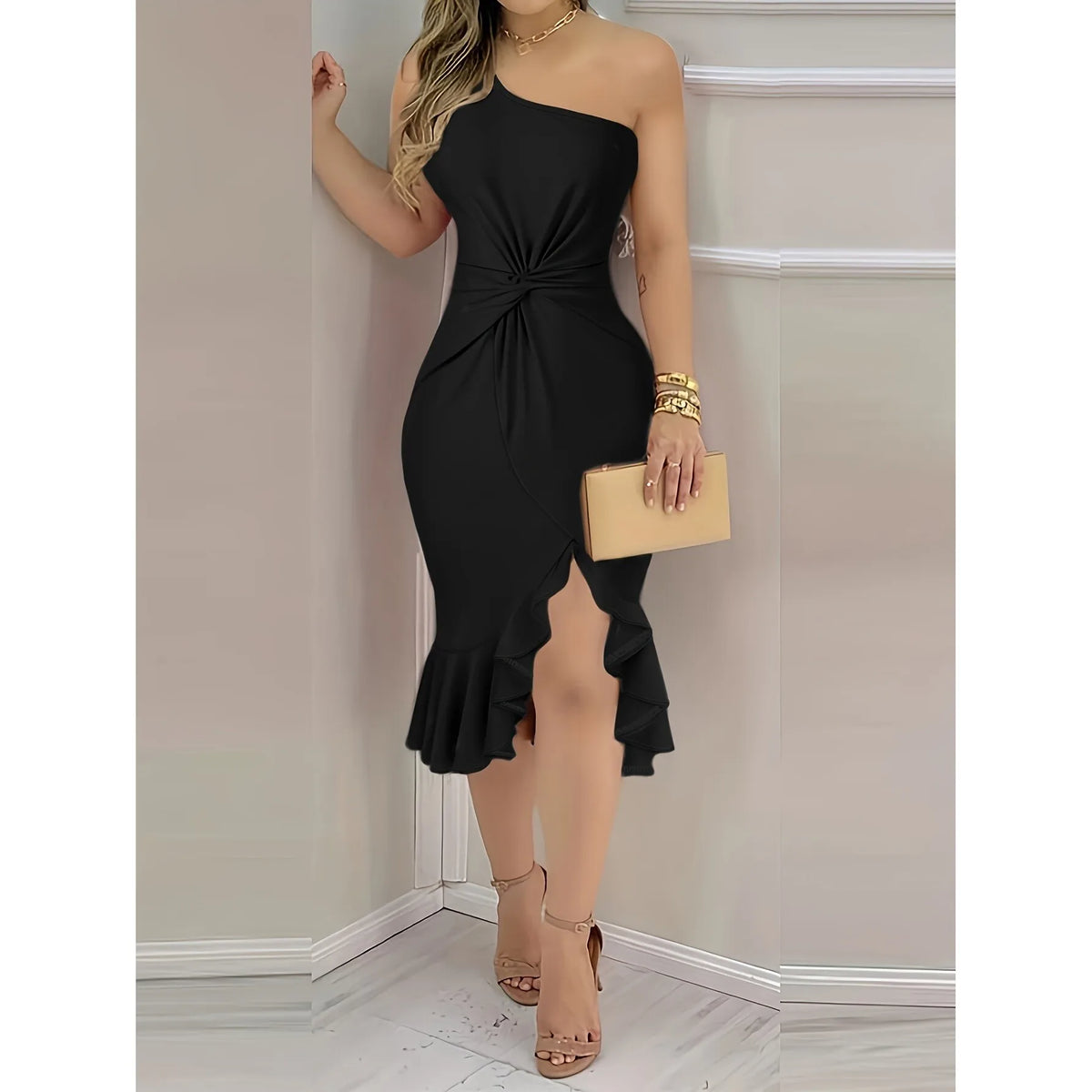 Vestido Midi Assimétrico com Ombro Descoberto, Moda Feminina, Coleção de Primavera, Estilo Elegante e Neutro para Passeio na Cidade