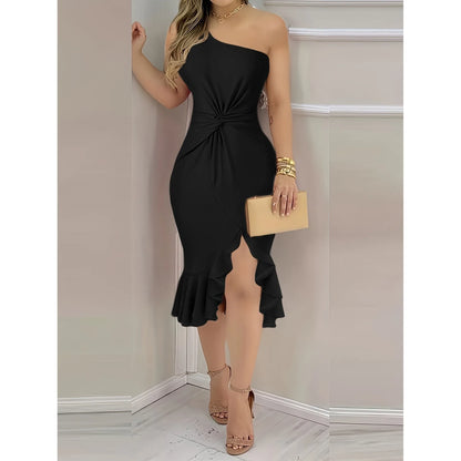 Vestido Midi Assimétrico com Ombro Descoberto, Moda Feminina, Coleção de Primavera, Estilo Elegante e Neutro para Passeio na Cidade