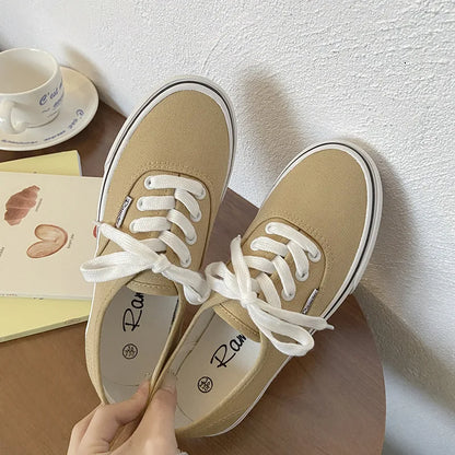 Casual apartamentos tênis de lona feminino ao ar livre cor sólida rasa sapatos esportivos tênis feminino streetwear rendas até sapatos vulcanizados