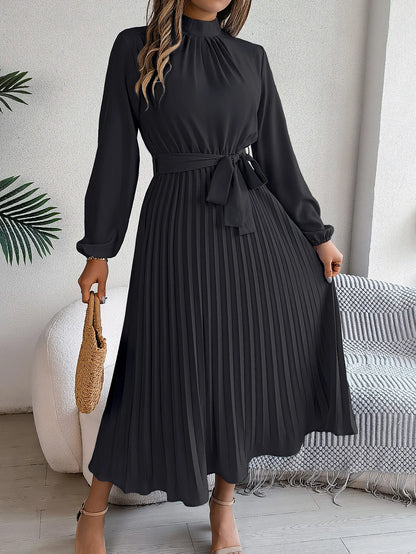 Solid Stand up Collar Bridesmaid Dress Spring Summer Casual Elegant Long Sleeve Waist Cinched Pleated Long Dresses for Women