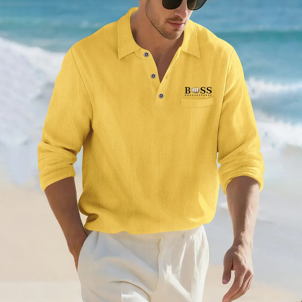 Camisa Masculina Casual de Linho e Algodão Leve com Lapela, Solta, Cor Sólida, Moda Primavera Outono, com Detalhe Decorativo na Gola