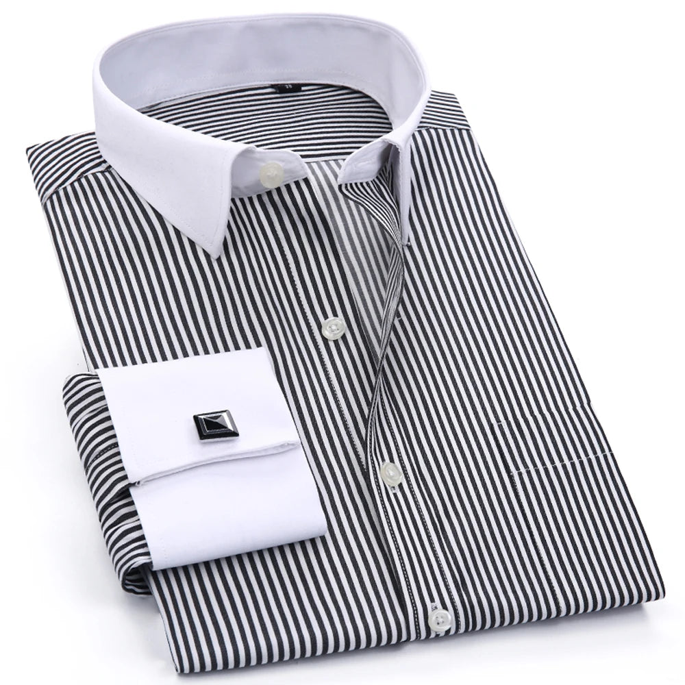 Camisa masculina com gola espalhada, punho francês, manga comprida, botões formais de negócios, camisas de casamento masculinas, ajuste regular, camisa com abotoaduras