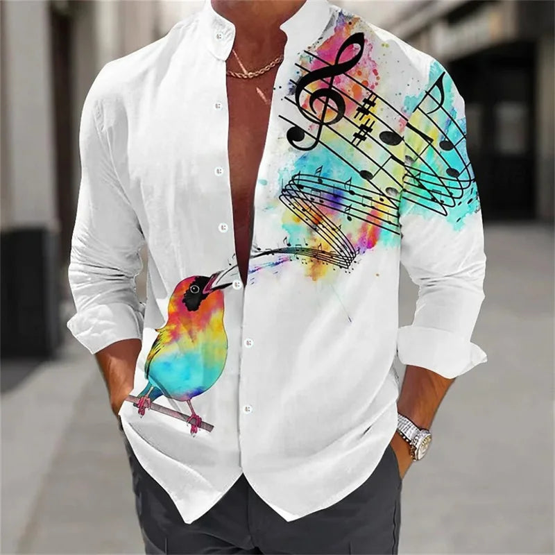 Camisa masculina de manga comprida Camisa impressa em 3D de alta qualidade, padrão floral, primavera e outono, tecido casual e elegante e confortável