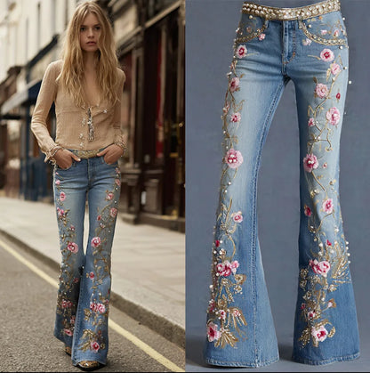 Novas Calças Jeans Flare Femininas com Estampa Digital 3D, Cintura Alta, Ajuste Slim, Denim Elástico, Estilo Casual e Moderno para Uso Diário