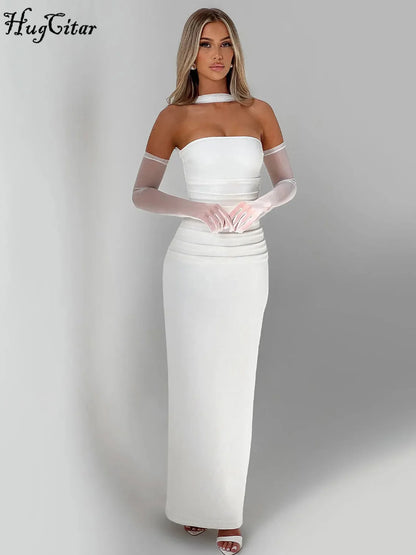 Hugcitar elegante cachecol sem alças luvas de malha sólida sexy bodycon maxi vestido de baile moda feminina y2k roupas festa de casamento aniversário