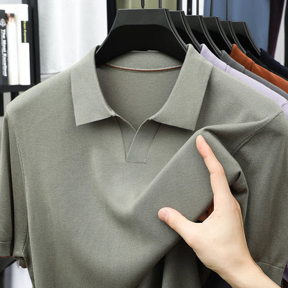 100% Lyocell malhas 2025 homens primavera verão na moda turn down collar malha camisetas manga curta respirável malha topos