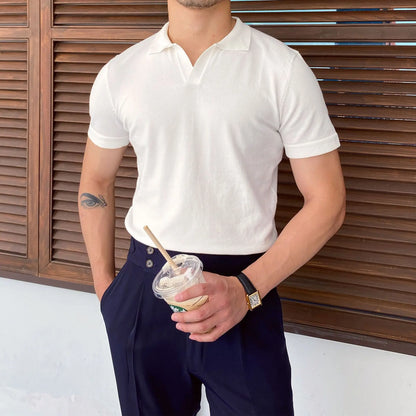 Camisa polo de manga curta de malha masculina, blusa casual de negócios, polo Slim Fit, primavera verão, camiseta listrada moda, camiseta com gola polo, malhas