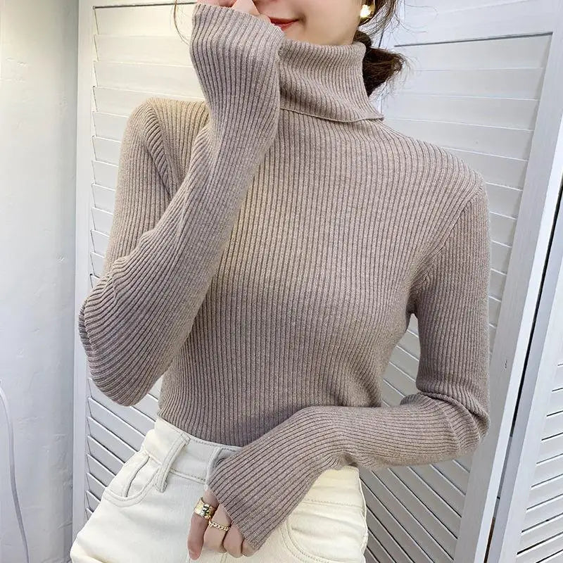 Suéter de Tricô Feminino Plus Size de Gola Alta e Manga Longa, Camiseta de Base para Outono Inverno, Novo Estilo, Confortável, Macio, Cor Pura