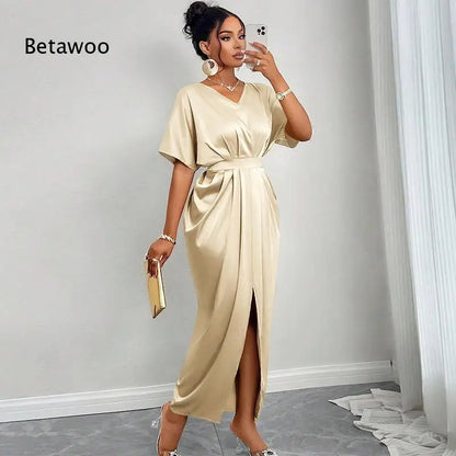 Vestido Maxi de Cetim com Decote em V e Manga Curta para Mulheres, Elegante com Cinto na Cintura e Fenda Lateral, Ideal para Festas de Verão e Noites
