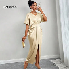 Vestido Maxi de Cetim com Decote em V e Manga Curta para Mulheres, Elegante com Cinto na Cintura e Fenda Lateral, Ideal para Festas de Verão e Noites