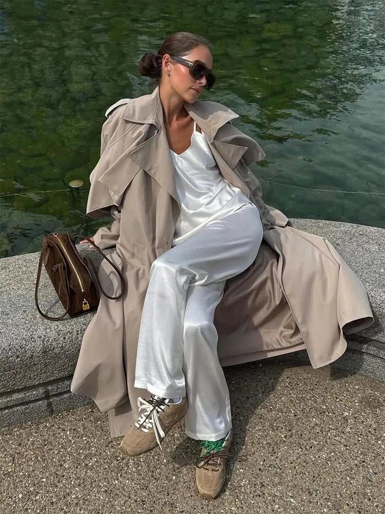Casaco de Lã Elegante com Gola Marinho e Amarração, Decote em V, Manga Longa, Bolso, Sobretudo Feminino para Primavera 2026